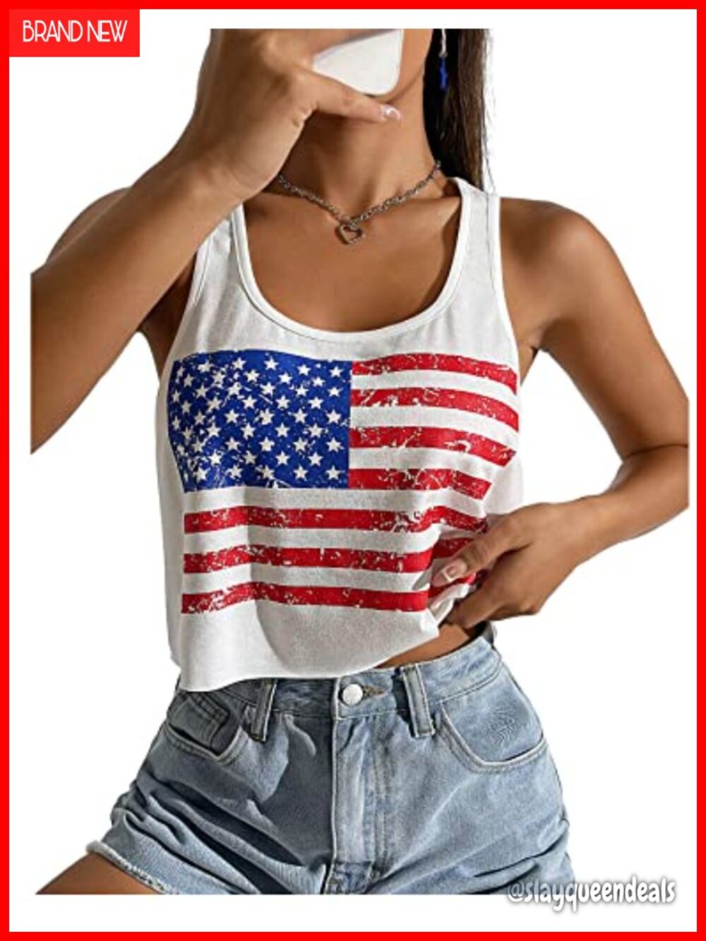 Patriotic American Flag Crop Tank Top Sleeveless 4th of July Summer Tee